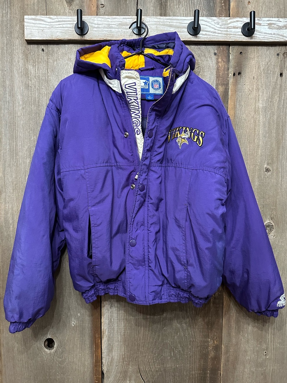 Y2K Minnesota Vikings Starter Hooded Puffer Jacket Purple Youth Large
